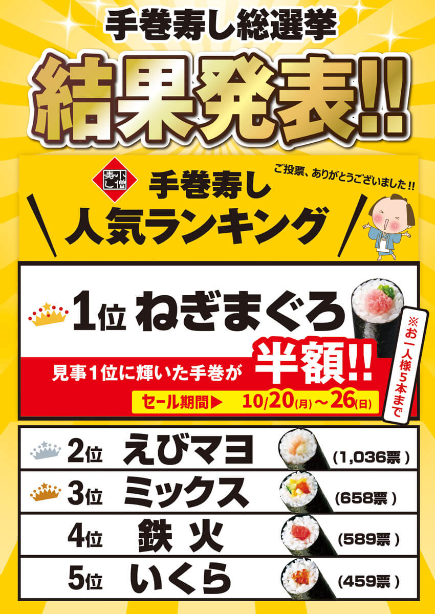 2025年10月20日(月)～『手巻寿し総選挙』人気No.1決定！半額セール！ (店舗により未実施の場合がございます)